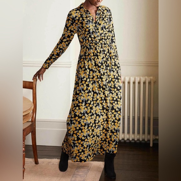 BODEN Jessie Maxi Shirt Dress Yellow Black Floral Size 10 Long Sleeve Party Work - Picture 5 of 11